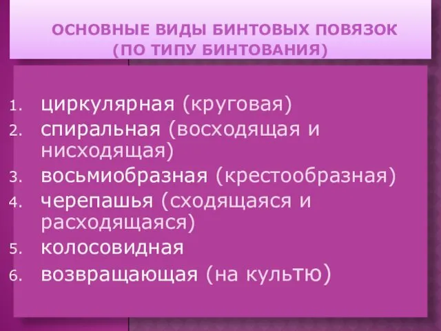 ОСНОВНЫЕ ВИДЫ БИНТОВЫХ ПОВЯЗОК (ПО ТИПУ БИНТОВАНИЯ) циркулярная (круговая) спиральная