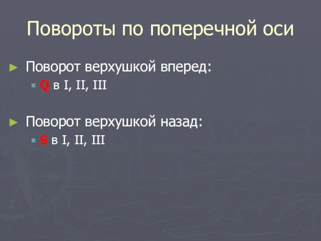 Повороты по поперечной оси Поворот верхушкой вперед: Q в I,