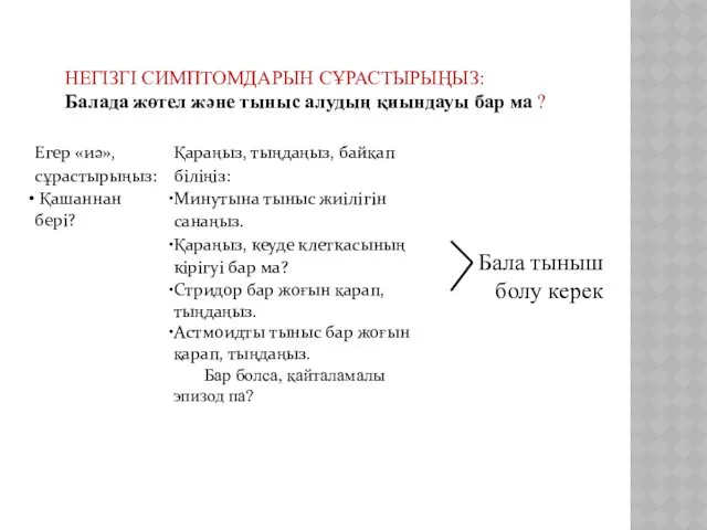 НЕГІЗГІ СИМПТОМДАРЫН СҰРАСТЫРЫҢЫЗ: Балада жөтел және тыныс алудың қиындауы бар ма ?