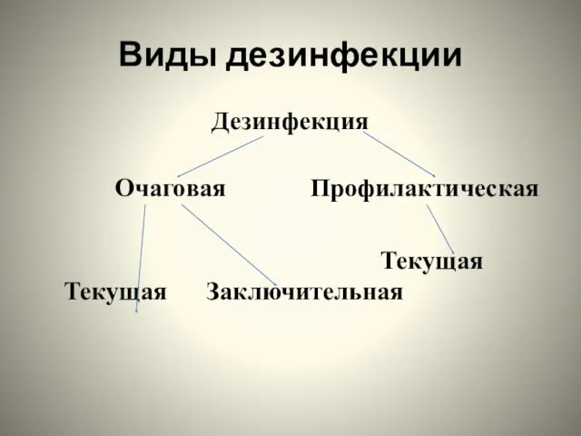 Виды дезинфекции Дезинфекция Очаговая Профилактическая Текущая Текущая Заключительная