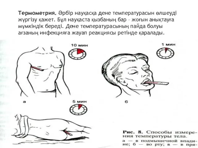 Термометрия. Әрбір науқасқа дене температурасын өлшеуді жүргізу қажет. Бұл науқаста