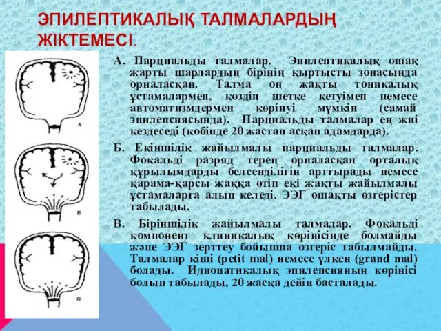 ЭПИЛЕПТИКАЛЫҚ ТАЛМАЛАРДЫҢ ЖІКТЕМЕСІ. А. Парциальды талмалар. Эпилептикалық ошақ жарты шарлардың