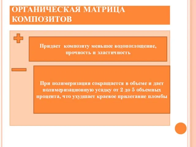 ОРГАНИЧЕСКАЯ МАТРИЦА КОМПОЗИТОВ Придает композиту меньшее водопоглощение, прочность и эластичность