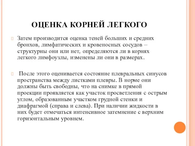 ОЦЕНКА КОРНЕЙ ЛЕГКОГО Затем производится оценка теней больших и средних