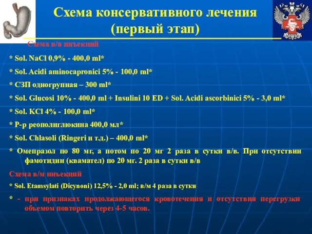 Схема консервативного лечения (первый этап) Схема в/в инъекций * Sol.