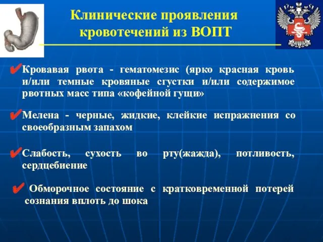 Клинические проявления кровотечений из ВОПТ Кровавая рвота - гематомезис (ярко