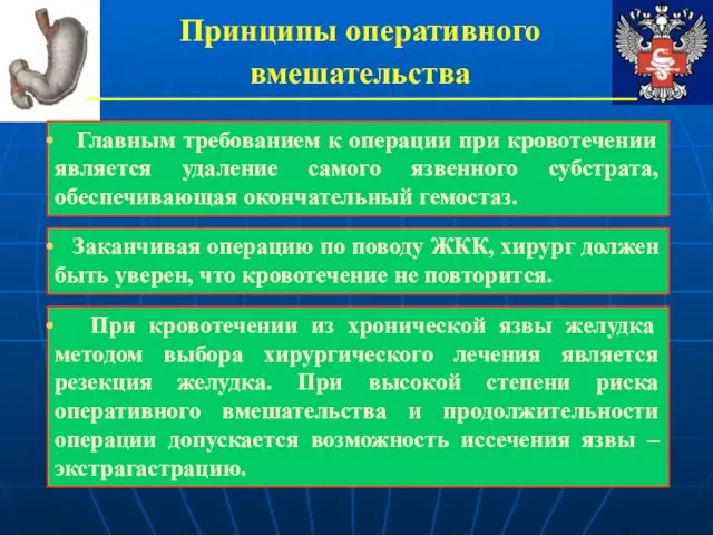 Принципы оперативного вмешательства Главным требованием к операции при кровотечении является