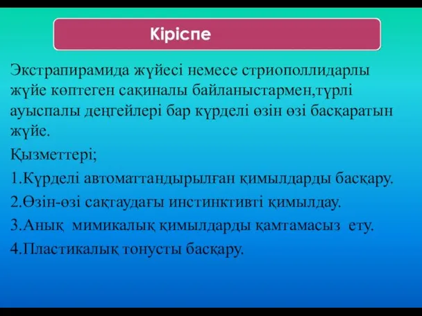 Экстрапирамида жүйесі немесе стриополлидарлы жүйе көптеген сақиналы байланыстармен,түрлі ауыспалы деңгейлері