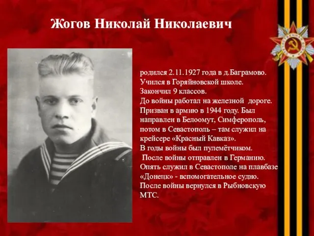 Жогов Николай Николаевич родился 2.11.1927 года в д.Баграмово. Учился в