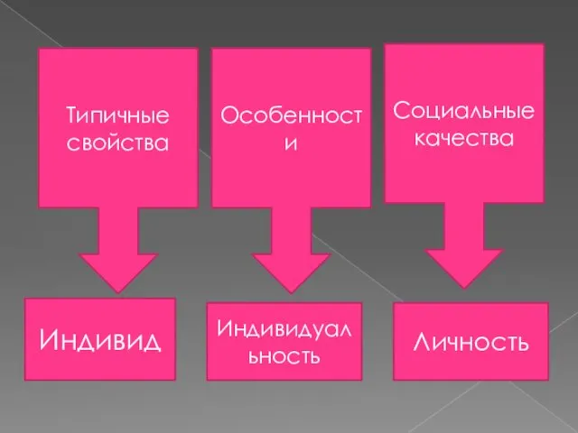 Типичные свойства Особенности Социальные качества Индивид Индивидуальность Личность