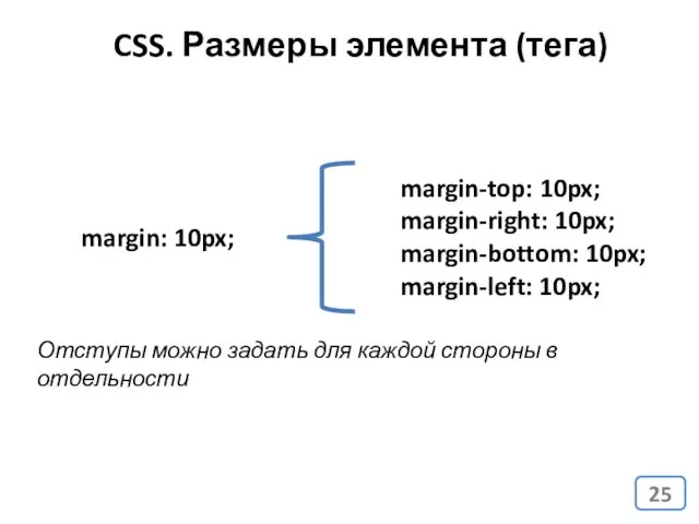 CSS. Размеры элемента (тега) margin: 10px; margin-top: 10px; margin-right: 10px;