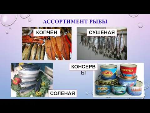 АССОРТИМЕНТ РЫБЫ КОПЧЁНАЯ СУШЁНАЯ СОЛЁНАЯ КОНСЕРВЫ