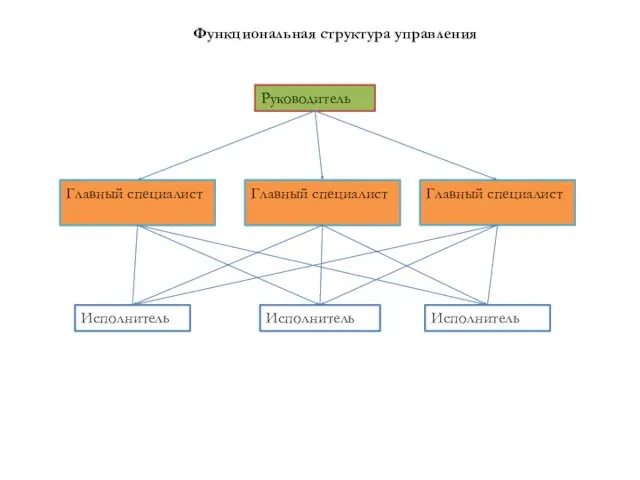 Функциональная структура управления Руководитель Главный специалист Исполнитель Главный специалист Главный специалист Исполнитель Исполнитель