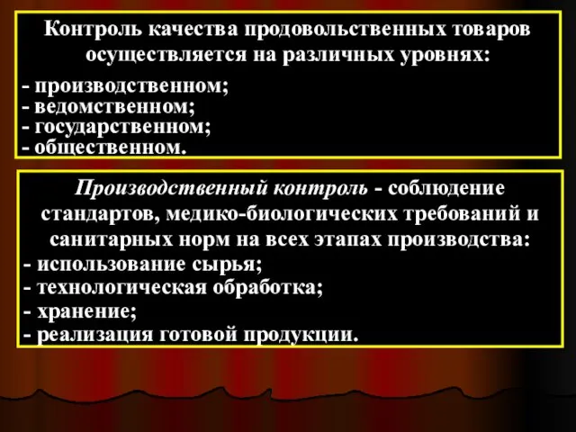 Контроль качества продовольственных товаров осуществляется на различных уровнях: - производственном;