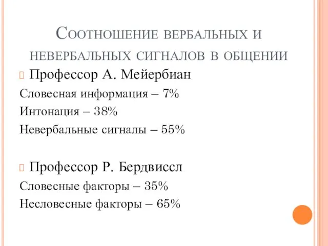 Соотношение вербальных и невербальных сигналов в общении Профессор А. Мейербиан