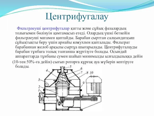 Центрифугалау Фильтрлеуші центрифугалар қатты және сұйық фазалардың толығымен бөлінуін қамтамасыз