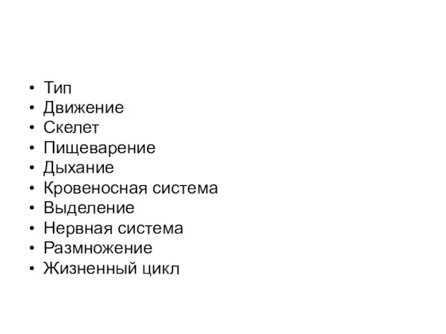 Тип Движение Скелет Пищеварение Дыхание Кровеносная система Выделение Нервная система Размножение Жизненный цикл