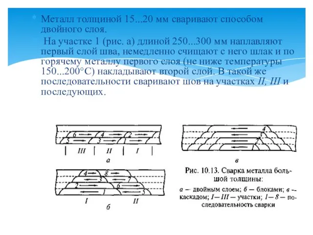 Металл толщиной 15...20 мм сваривают способом двойного слоя. На участке 1 (рис. а)