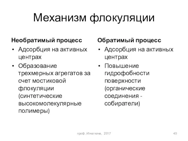 Механизм флокуляции Необратимый процесс Обратимый процесс Адсорбция на активных центрах