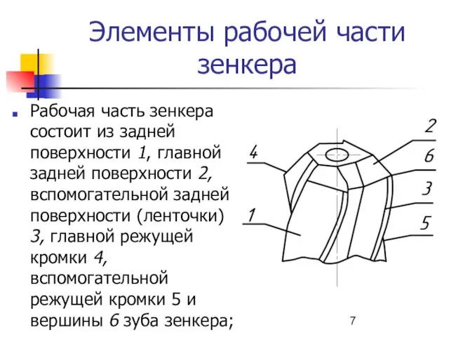 Элементы рабочей части зенкера Рабочая часть зенкера состоит из задней