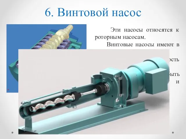 6. Винтовой насос Эти насосы относятся к роторным насосам. Винтовые