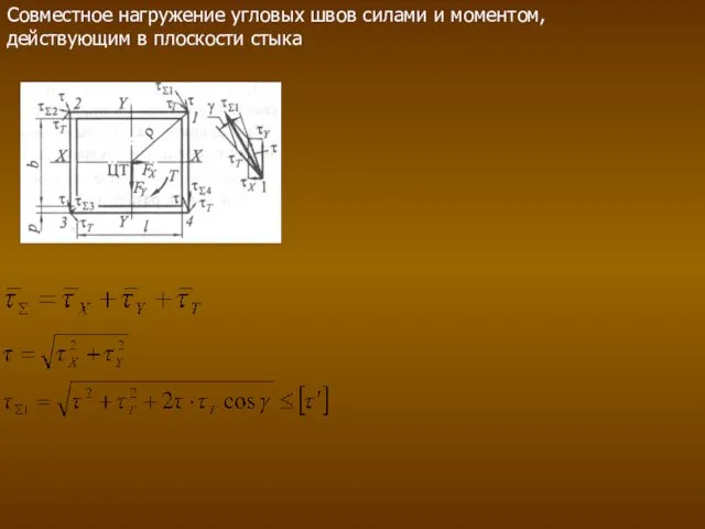 Совместное нагружение угловых швов силами и моментом, действующим в плоскости стыка