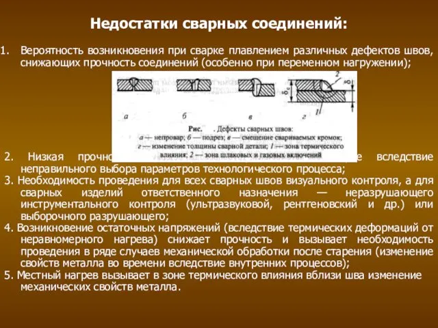 Недостатки сварных соединений: Вероятность возникновения при сварке плавлением различных дефектов