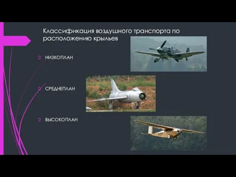 Классификация воздушного транспорта по расположению крыльев НИЗКОПЛАН СРЕДНЕПЛАН ВЫСОКОПЛАН