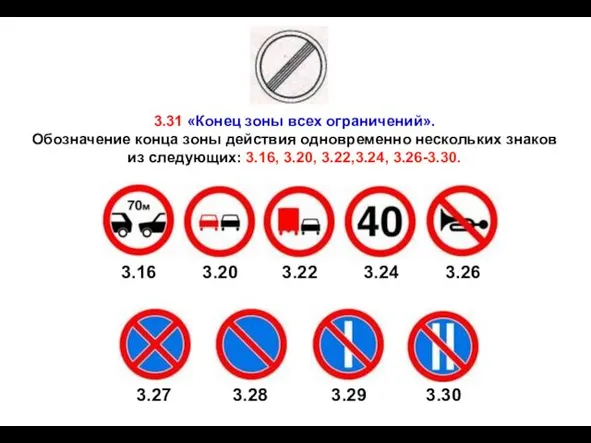 3.31 «Конец зоны всех ограничений». Обозначение конца зоны действия одновременно