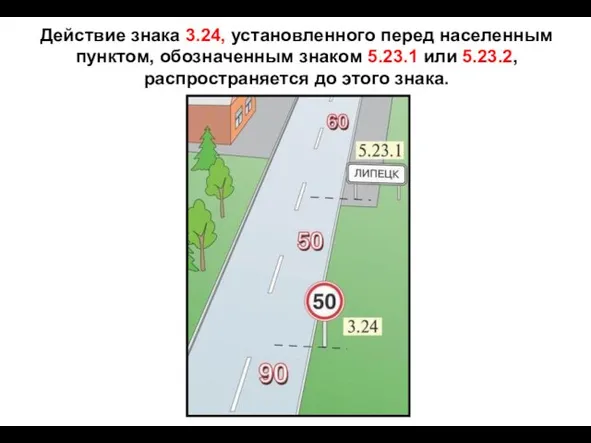 Действие знака 3.24, установленного перед населенным пунктом, обозначенным знаком 5.23.1 или 5.23.2, распространяется до этого знака.