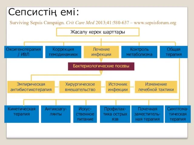 Сепсистің емі: Жасалу керек шарттары Коррекция гемодинамики Лечение инфекции Oксигенотерапия/