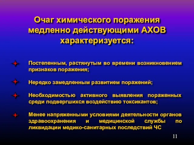 Постепенным, растянутым во времени возникновением признаков поражения; Нередко замедленным развитием