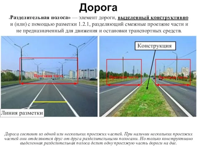 Дорога «Разделительная полоса» — элемент дороги, выделенный конструктивно и (или)