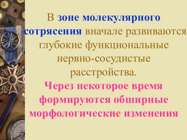 В зоне молекулярного сотрясения вначале развиваются глубокие функциональные нервно-сосудистые расстройства.