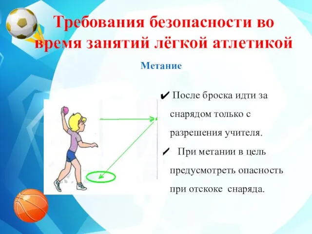 Требования безопасности во время занятий лёгкой атлетикой Метание После броска