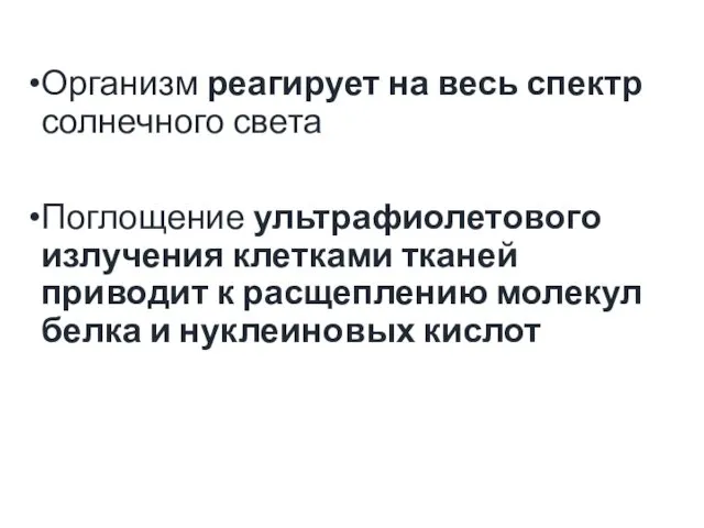 Организм реагирует на весь спектр солнечного света Поглощение ультрафиолетового излучения