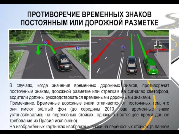 ПРОТИВОРЕЧИЕ ВРЕМЕННЫХ ЗНАКОВ ПОСТОЯННЫМ ИЛИ ДОРОЖНОЙ РАЗМЕТКЕ В случаях, когда значения временных дорожных