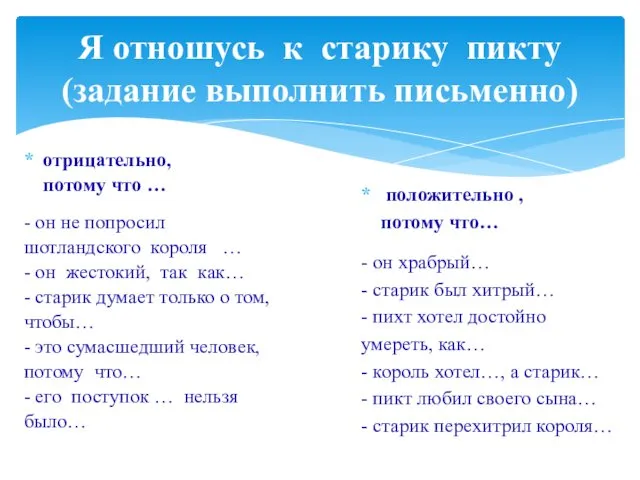 Я отношусь к старику пикту (задание выполнить письменно) отрицательно, потому