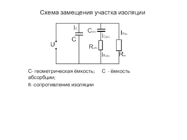 Схема замещения участка изоляции С- геометрическая ёмкость; С - ёмкость абсорбции; R- сопротивление изоляции