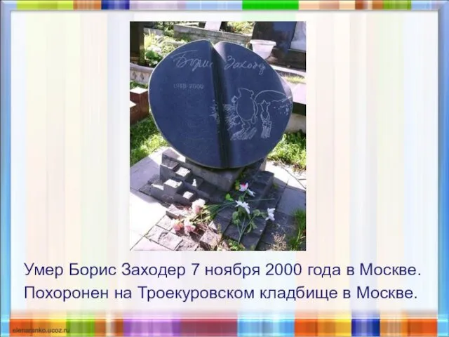 Умер Борис Заходер 7 ноября 2000 года в Москве. Похоронен на Троекуровском кладбище в Москве.