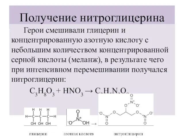 Получение нитроглицерина Герои смешивали глицерин и концентрированную азотную кислоту с