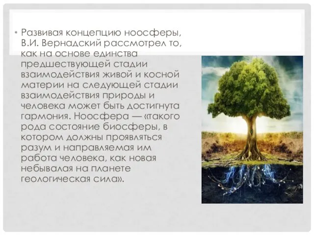 Развивая концепцию ноосферы, В.И. Вернадский рассмотрел то, как на основе