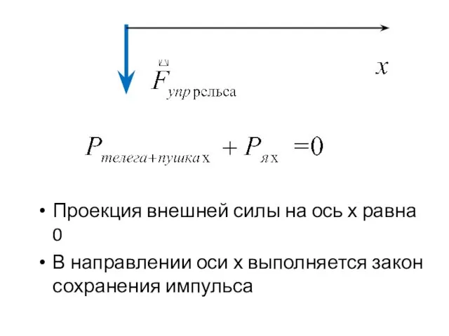 Проекция внешней силы на ось х равна 0 В направлении оси х выполняется закон сохранения импульса