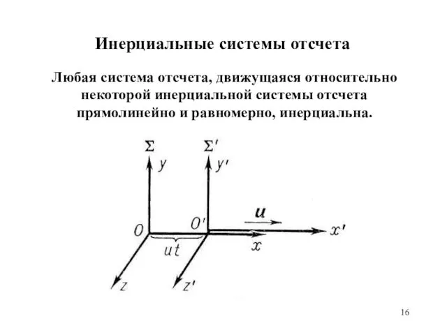 Инерциальные системы отсчета Любая система отсчета, движущаяся относительно некоторой инерциальной системы отсчета прямолинейно и равномерно, инерциальна.