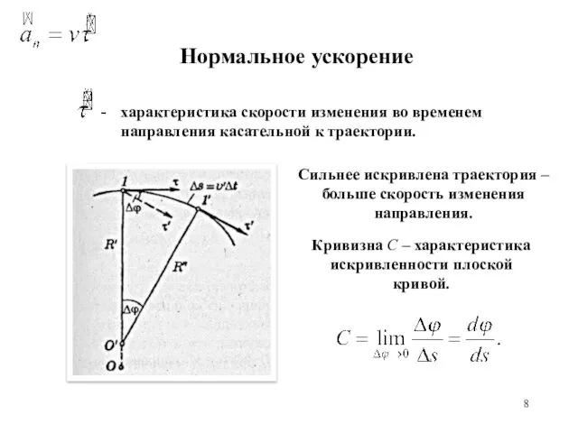 Нормальное ускорение Сильнее искривлена траектория – больше скорость изменения направления. Кривизна С –