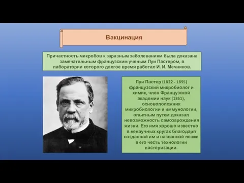 Вакцинация Луи Пастер (1822 - 1895) французский микробиолог и химик, член Французской академии