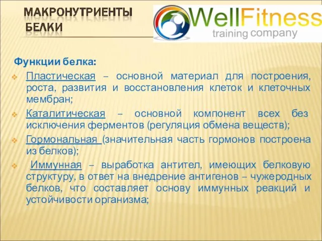 Функции белка: Пластическая – основной материал для построения, роста, развития