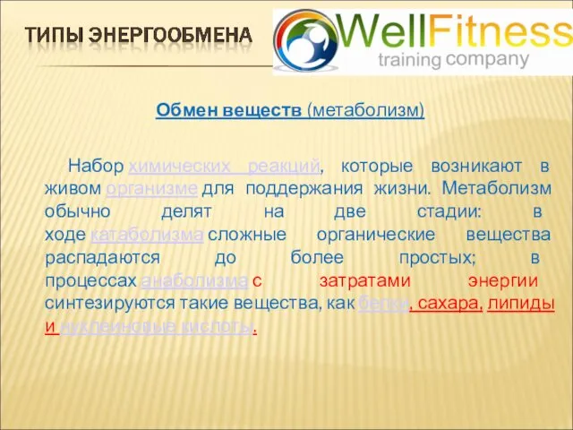 Обмен веществ (метаболизм) Набор химических реакций, которые возникают в живом организме для поддержания