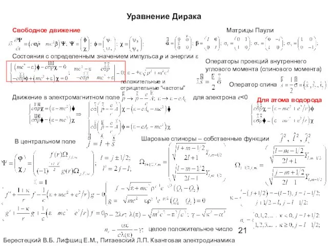 Уравнение Дирака Свободное движение Матрицы Паули Состояния с определенным значением