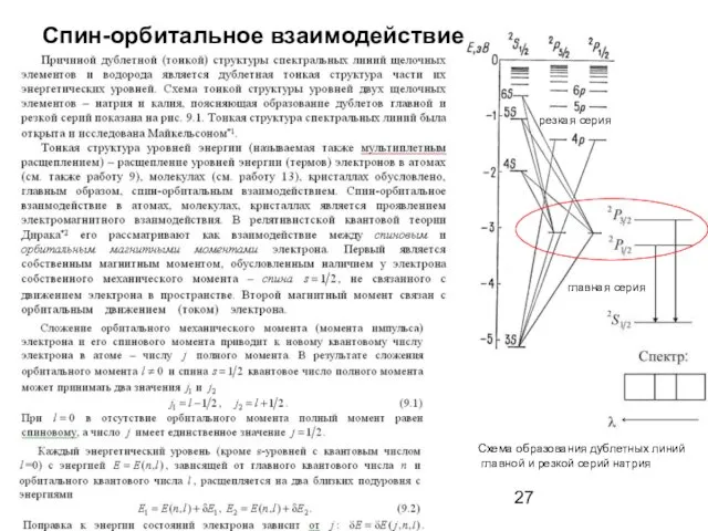Спин-орбитальное взаимодействие. Схема образования дублетных линий главной и резкой серий натрия главная серия резкая серия